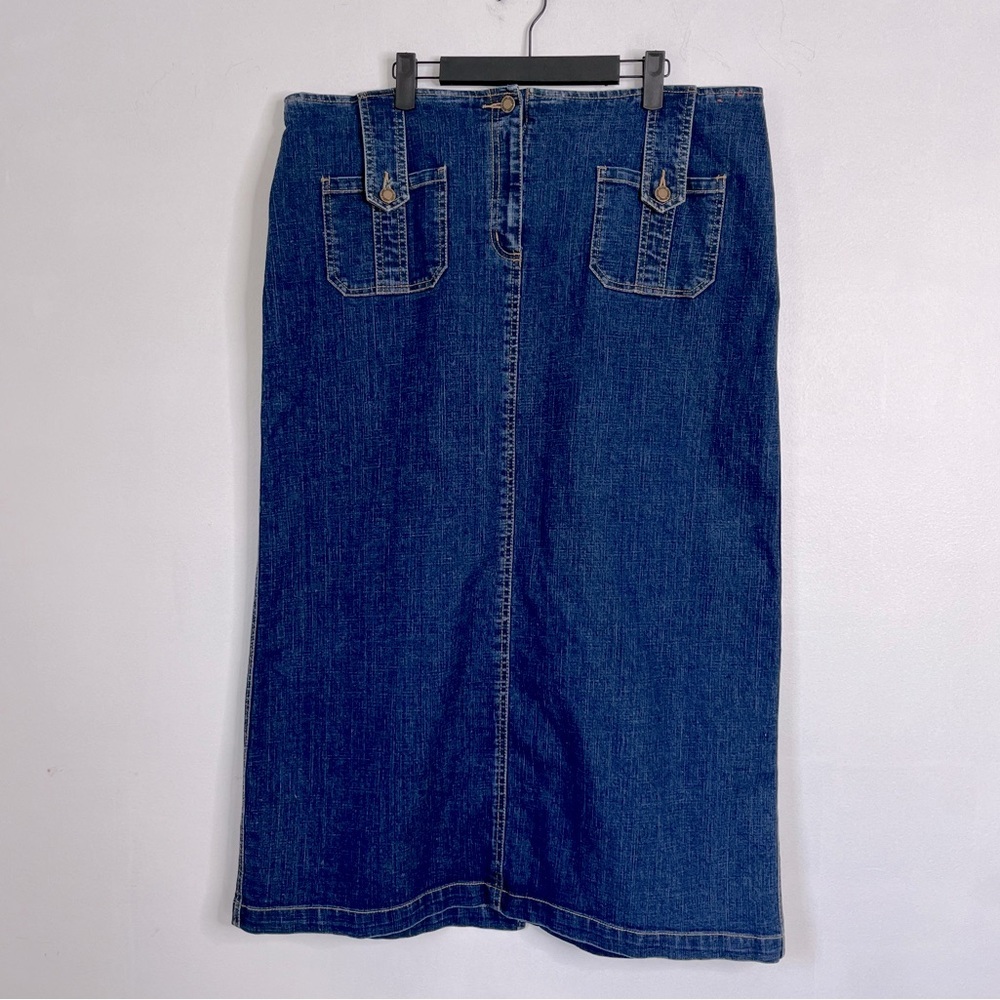 Y2K Faded Glory Low Rise Denim Maxi Skirt Women’s size 16 Wide Belt Loops Stretc